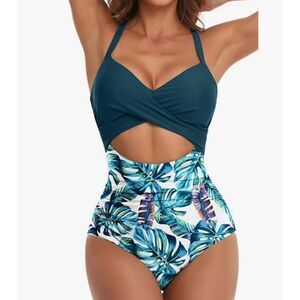 EoMenie One Piece Swimsuit Large Teal Tropical Cutout Adjustable Straps NWT